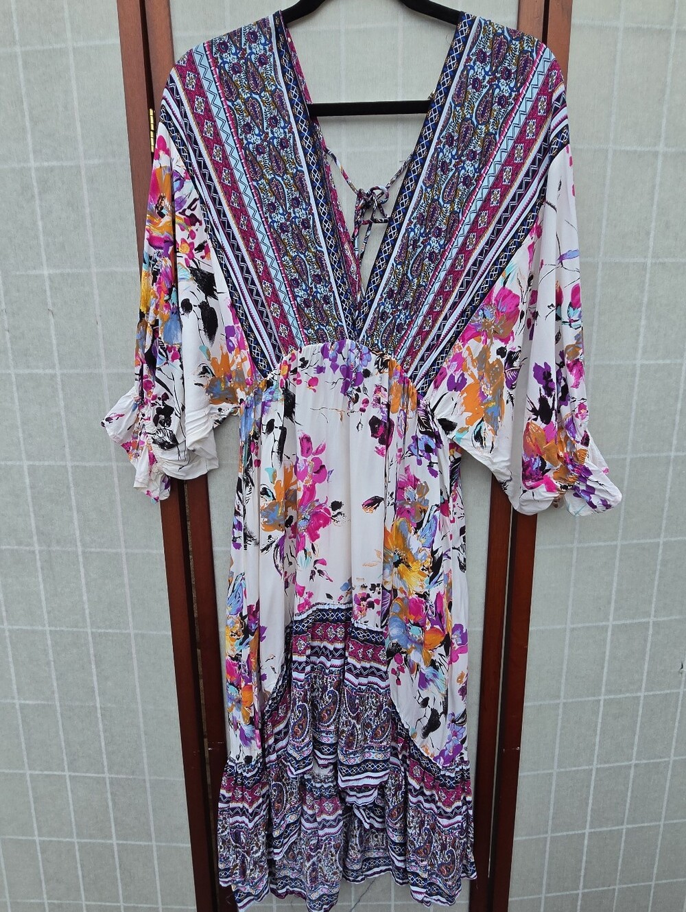 Umgee Festival Floral Paisley High-Low Midi Dress Boho V Neck Ruffle Cottagecore